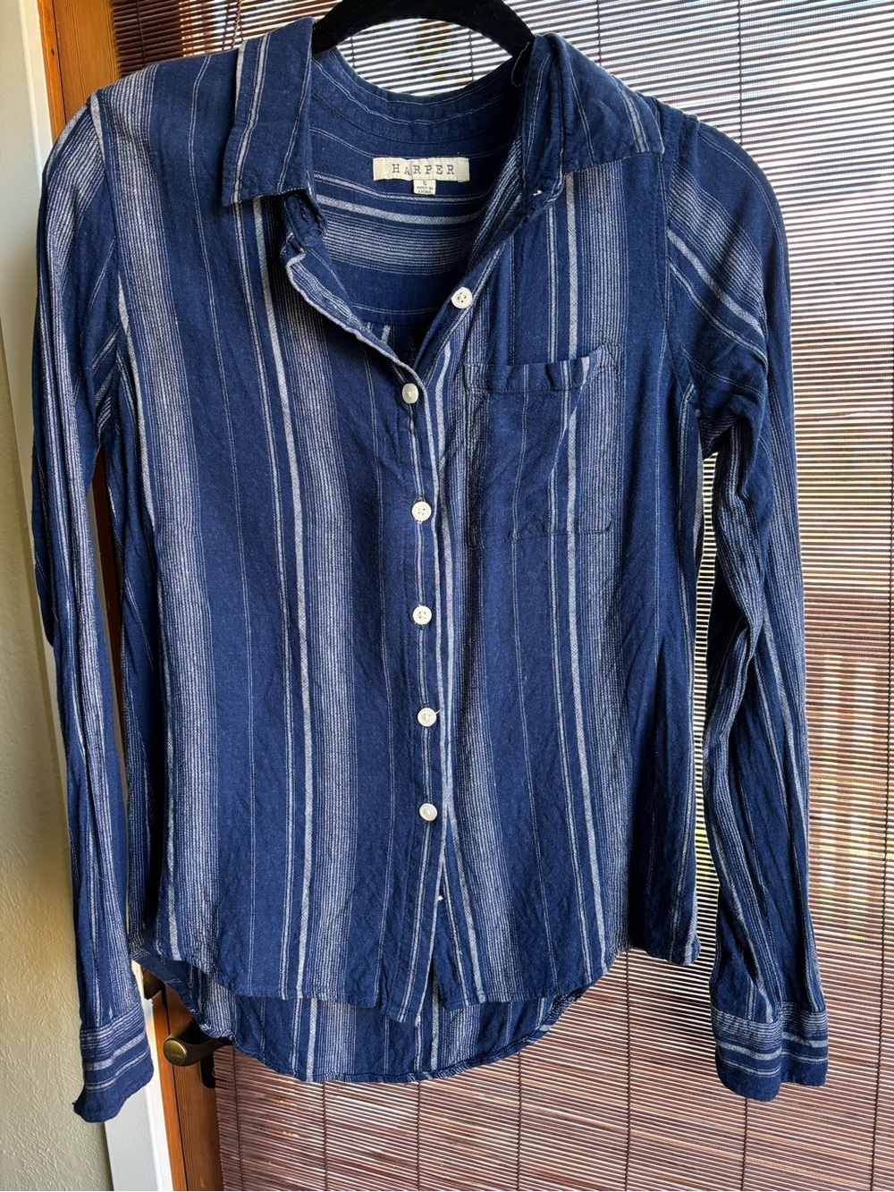 Harper Navy and White Striped Linen-Blend Button-Down Shirt